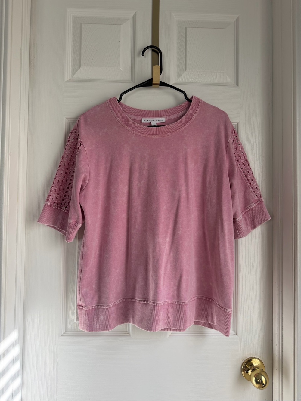 Washed Pink Eyelet-Sleeve Boxy Sweatshirt Top